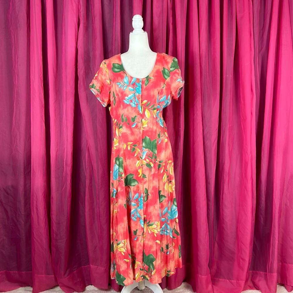 Vintage Coral Floral Midi Dress with Blue and Green Flower Print - Picture 2 of 8
